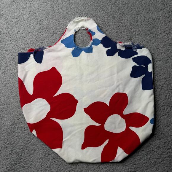 Hawaiian Floral Distressed Tote Bag White Red and Blue Flowers - Picture 1 of 5
